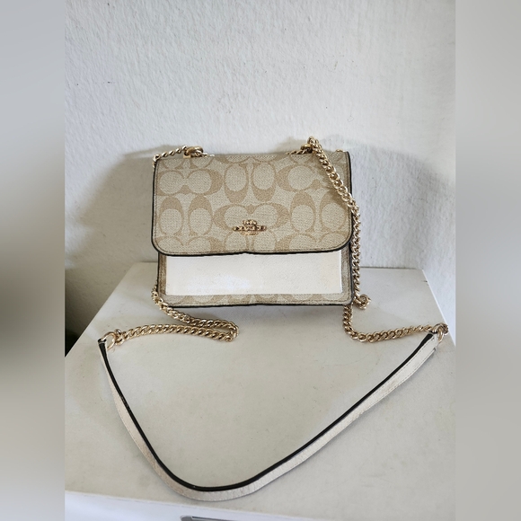 Coach Handbags - Coach Beige Signature Canvas Chain Crossbody Bag
